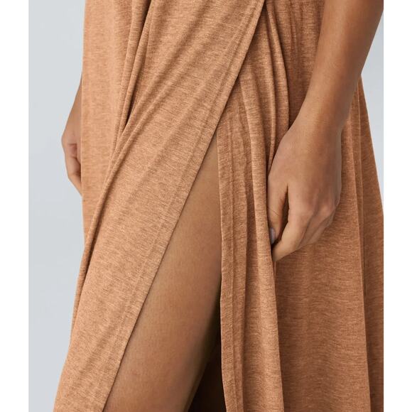 Halara Maxi Dress XL Camel Brown Sleeveless Split Slit Stretchy Flowy Casual - Picture 3 of 12